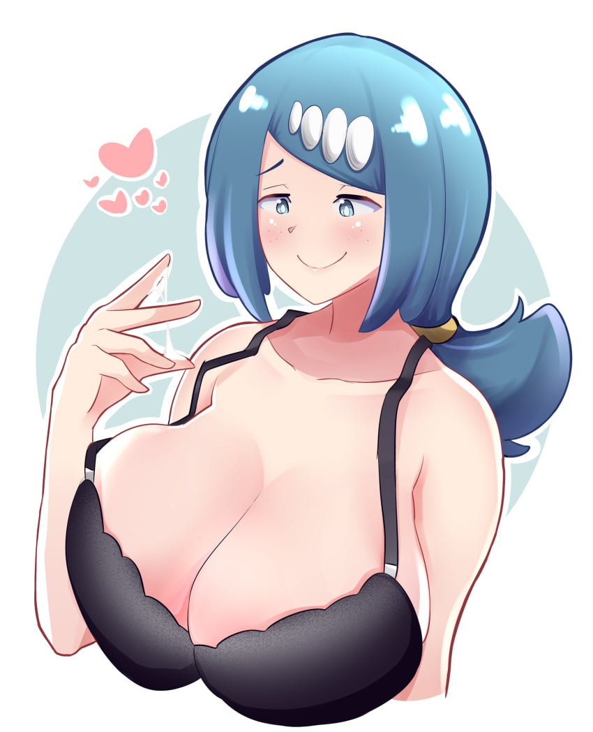 1girls big_breasts blue_eyes blue_hair blush bra breasts female female_only hearts human lana's_mother_(pokemon) large_breasts long_hair mature_female milf nikasubsia nintendo pokemon pokemon_sm smile solo upper_body voluptuous