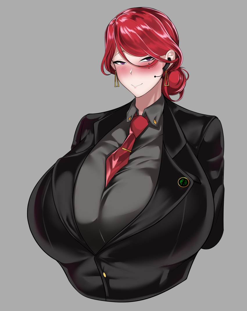 1girls c-77_hongryeon clothed curvaceous curvy female female_focus formal formal_attire formal_clothes formal_wear girl_in_suit gradient_background hair_ornament huge_breasts image last_origin light-skinned_female light_skin looking_at_viewer mature mature_female naughty_face necktie owner owner_(artist) plump purple_eyes red_hair simple_background suit suit_and_tie voluptuous woman_in_suit