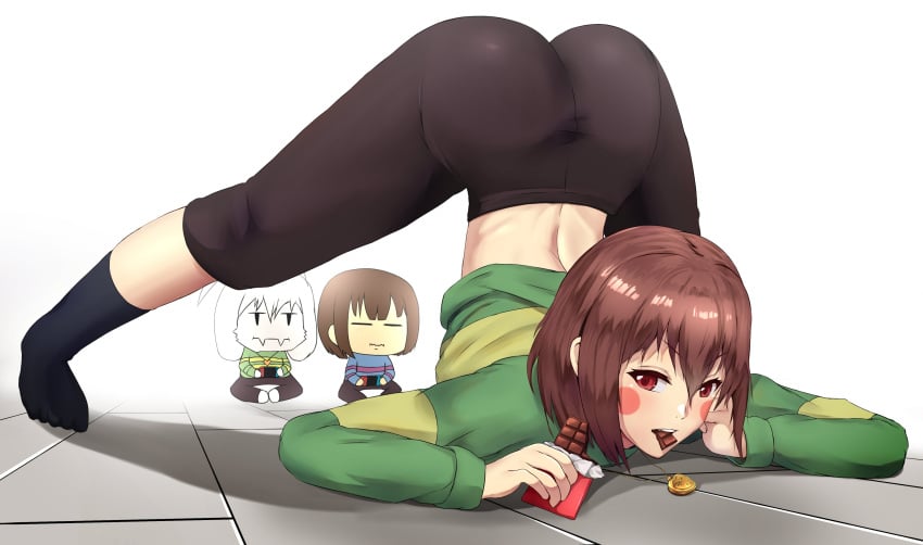 androgynous asriel_dreemurr ass_up brown_hair chara chocolate_bar clothing eating frisk jack-o_pose red_eyes undertale vegasvat