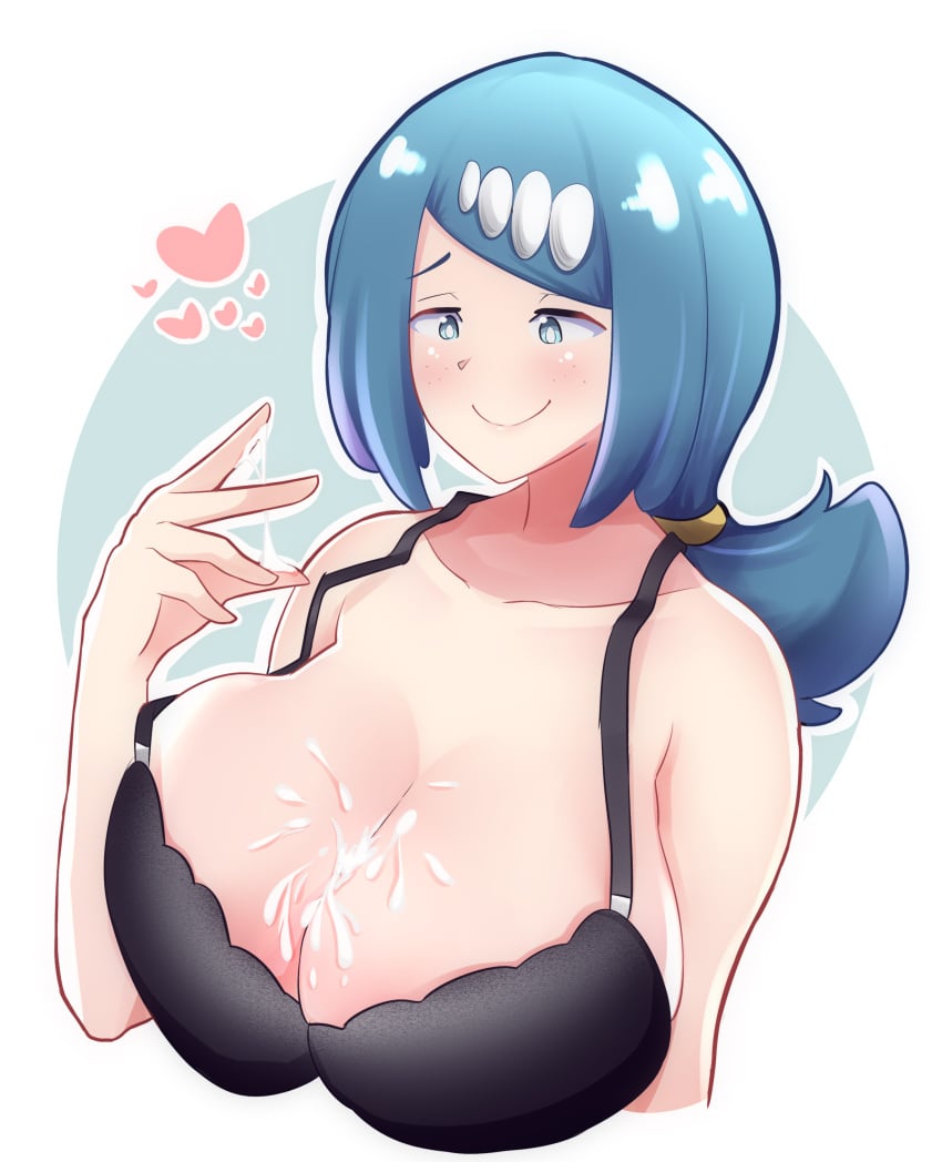 1girls big_breasts blue_eyes blue_hair blush bra breasts cum cum_on_breasts female hearts human lana's_mother_(pokemon) large_breasts long_hair mature_female milf nikasubsia nintendo pokemon pokemon_sm smile solo upper_body