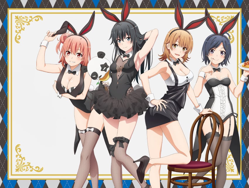 4girls ahoge animal_ears armpits arms_up bangs bare_arms bare_legs bare_shoulders bent_over black_dress black_eyes black_hair blue_eyes blush breasts bunny_ears cleavage clothing dress female female_only footwear hair_between_eyes hair_bun high_heels high_resolution hikigaya_komachi isshiki_iroha jewelry large_breasts legs long_hair looking_at_viewer maid medium_breasts multiple_girls my_teen_romantic_comedy_snafu neck_ribbon necklace official_art open_mouth orange_eyes orange_hair parted_bangs parted_lips promotional_art ribbon shoes skirt small_breasts smile standing standing_on_one_leg stockings teenage teeth thighhighs thighs tied_hair tongue tongue_out very_high_resolution yuigahama_yui yukinoshita_yukino