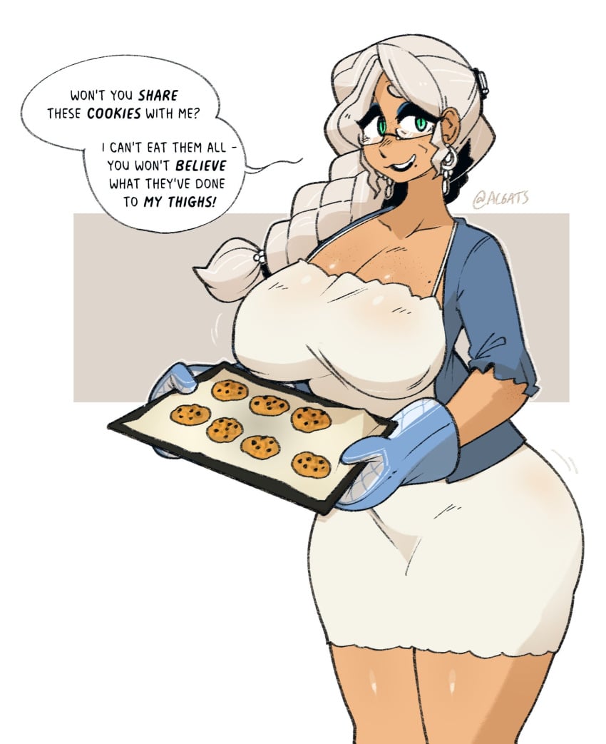 baking baking_tray blue_cardigan blue_eyes blue_jacket braid braided_hair braided_ponytail cookies cooking flirting gats gilf green_eyes grey_hair hot_neighbour large_breasts looking_at_viewer nipples_visible_through_clothing old_woman older_female ruth-bellflower sagging_breasts simple_background simple_shading speech_bubble sundress talking_to_viewer tanned tanned_skin text turquoise_eyes white_background white_dress white_hair