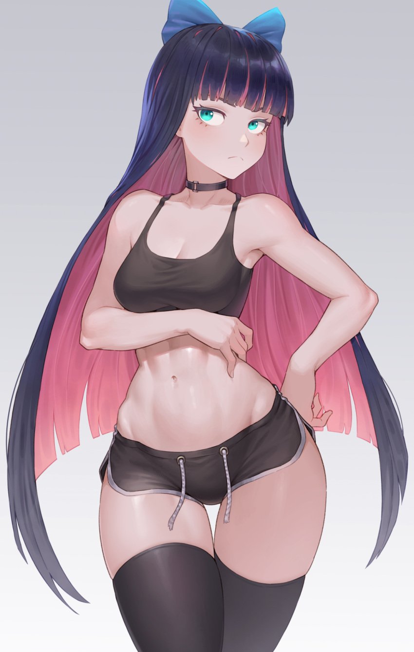 1girls abs black_clothing blue_eyes blue_hair bow cheshirrr choker clothed female female_only goth hairbow hime_cut long_hair navel panty_&_stocking_with_garterbelt pink_hair shorts solo sports_bra stocking_anarchy thigh_gap thighhighs two_tone_hair