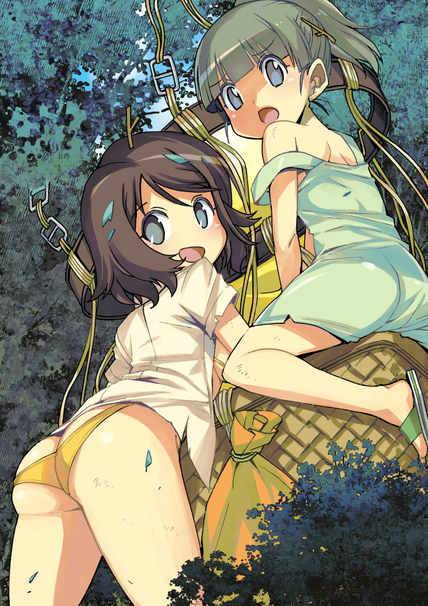 2girls ass bra breasts clothed clothing duo female female_only forest imona_(muramasa_mikado) looking_back muramasa_mikado murana_(muramasa_mikado) murana_and_imona_adventure_in_monster_island panties