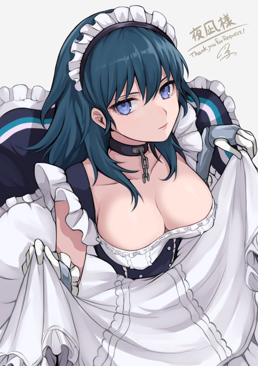 1girls absurd_res alternate_costume apron apron_hold artist_signature azur_lane bangs belfast_(azur_lane)_(cosplay) black_choker blue_eyes blue_hair breasts byleth_(fire_emblem) byleth_(fire_emblem)_(female) chains choker cleavage dress emotionless expressionless female fire_emblem fire_emblem:_three_houses gloves hair_between_eyes hair_on_breasts highres large_breasts long_hair looking_at_viewer maid maid_apron maid_dress maid_headdress maid_uniform matching_hair/eyes nintendo official_alternate_costume parted_lips pink_lips serious shimizu_akina sleeveless sleeveless_dress solo teal_hair white_apron white_background white_dress white_gloves