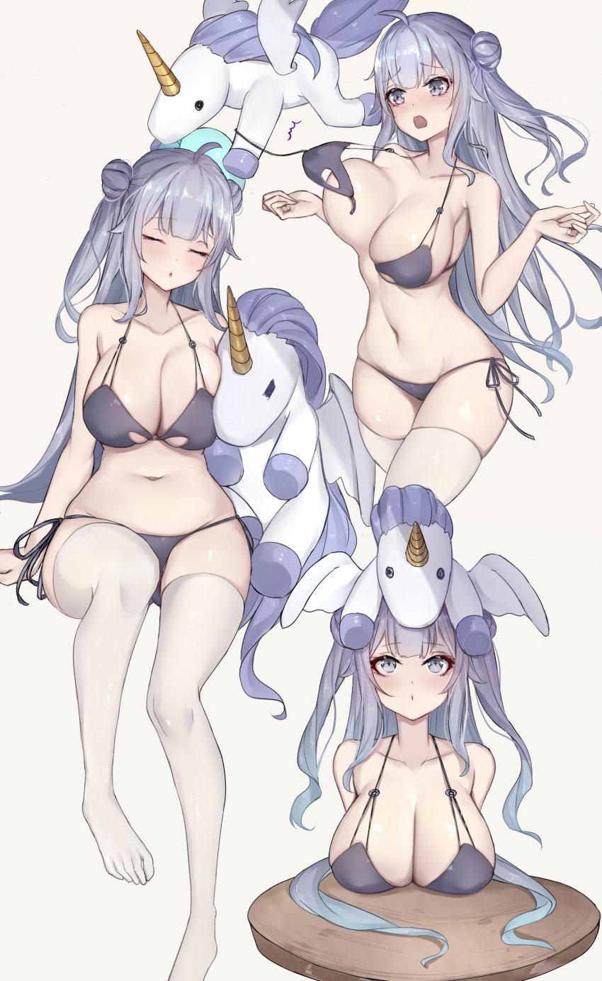 1girls adult aged_up azur_lane big_breasts bikini blue_eyes breasts midriff navel purple_eyes purple_hair revealing_clothes sherryqq stuffed_animal swimsuit thick_thighs thighhighs thighs unicorn_(azur_lane)