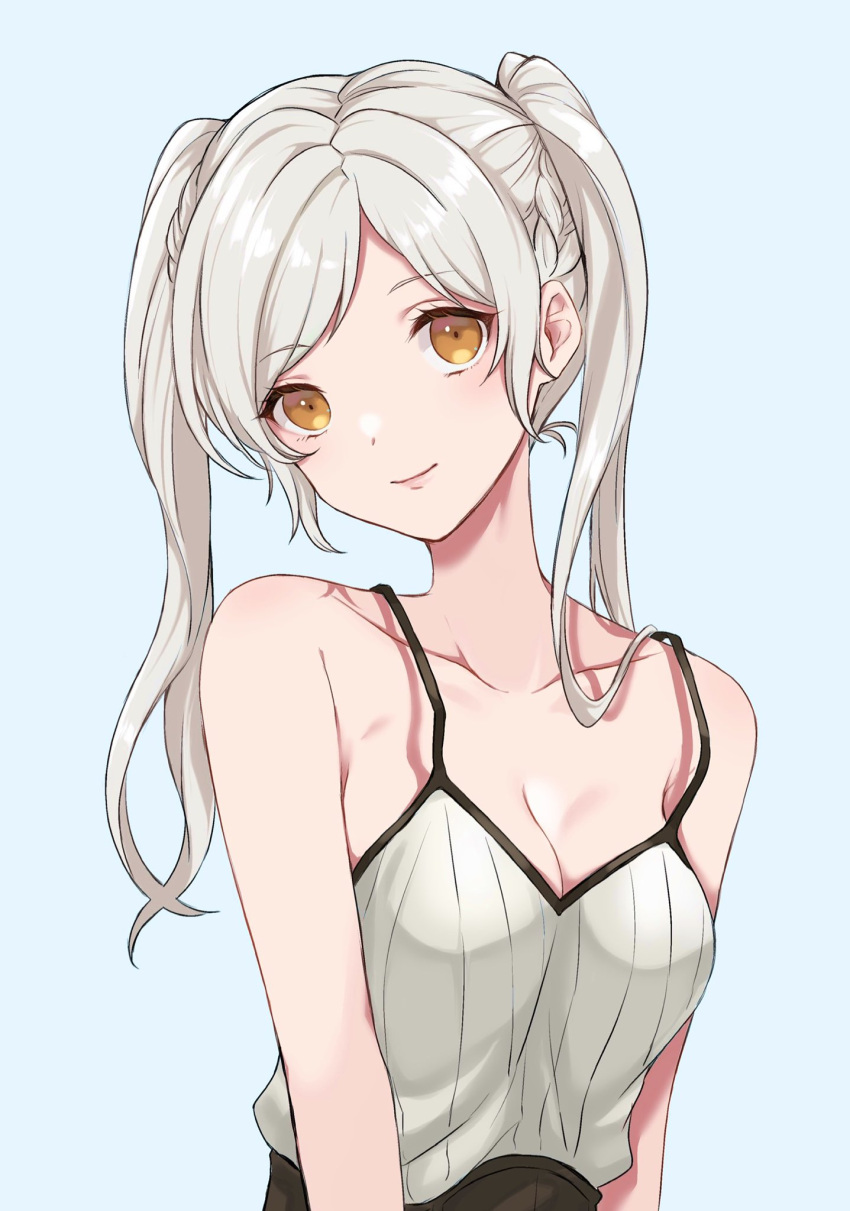 1girls akina_(akn_646) breasts brown_eyes camisole cleavage closed_mouth female female_only fire_emblem fire_emblem_awakening high_resolution light-skinned_female light_skin nintendo robin_(fire_emblem) robin_(fire_emblem)_(female) shimizu_akina simple_background smile solo source_request tagme tied_hair twintails upper_body white_background white_hair