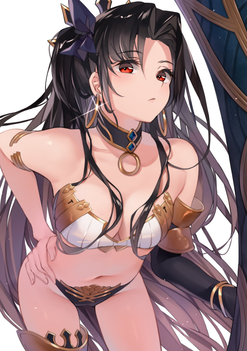 archer armlet asymmetrical_legwear bangs bare_shoulders bent_over bikini bikini_bottom bikini_top black_bikini black_bikini_bottom black_bow black_hair black_swimsuit bow breasts choker cleavage closed_mouth clothing collar cowboy_shot detached_sleeves earrings eyebrows_visible_through_hair fate/grand_order fate_(series) female glint hair_ornament hairbow hand_on_hip headdress headwear heavenly_boat_maanna high_resolution hoop_earrings ishtar_(fate) jewelry long_hair looking_at_viewer medium_breasts mismatched_bikini navel parted_bangs pixiv_id_36534524 red_eyes ribbon simple_background single_detached_sleeve single_thighhigh solo strapless strapless_bikini strapless_swimsuit swimsuit thighhighs tied_hair to_gemichi tohsaka_rin tougemichi twintails two_side_up very_high_resolution very_long_hair white_background white_bikini white_bikini_top white_swimsuit