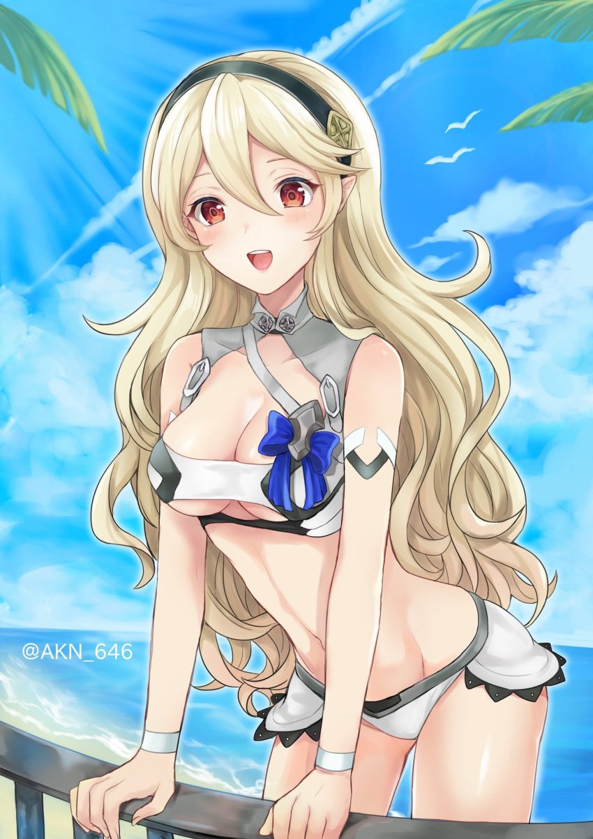 1girls akina_(akn_646) alternate_costume black_hair_ornament black_hairband blue_sky breasts cleavage cloud corrin_(fire_emblem) corrin_(fire_emblem)_(female) corrin_(summer)_(fire_emblem)_(female) day female fire_emblem fire_emblem_cipher fire_emblem_fates hairband high_resolution long_hair nintendo open_mouth outdoors pointed_ears red_eyes shimizu_akina sky solo source_request swimsuit twitter_username underboob water white_bikini white_hair white_swimsuit