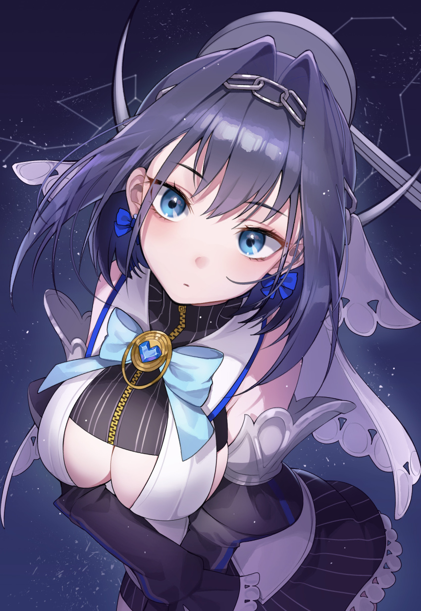 bare_shoulders black_hair blue_eyes bow breasts chains cleavage cleavage_cutout clothing clothing_cutout constellation crossed_arms detached_sleeves dress earrings female frilled_skirt frills gem hair_between_eyes hair_ornament heart high_resolution hololive hololive_english hololive_english_-council- hololive_english_-promise- jewelry large_breasts looking_at_viewer medium_hair ouro_kronii skirt solo star_(sky) striped striped_dress taccho tagme upper_body very_high_resolution virtual_youtuber zipper