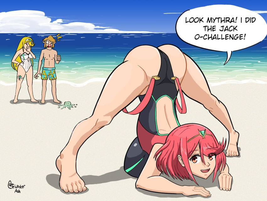 1boy 2girls artist_name ashentrickster barefoot beach blonde_hair blood comic dialogue english_text feet jack-o_pose link link_(breath_of_the_wild) long_hair mythra open_mouth pyra red_eyes red_hair short_hair speech_bubble super_smash_bros. swimsuit text the_legend_of_zelda toes xenoblade_(series) xenoblade_chronicles_2