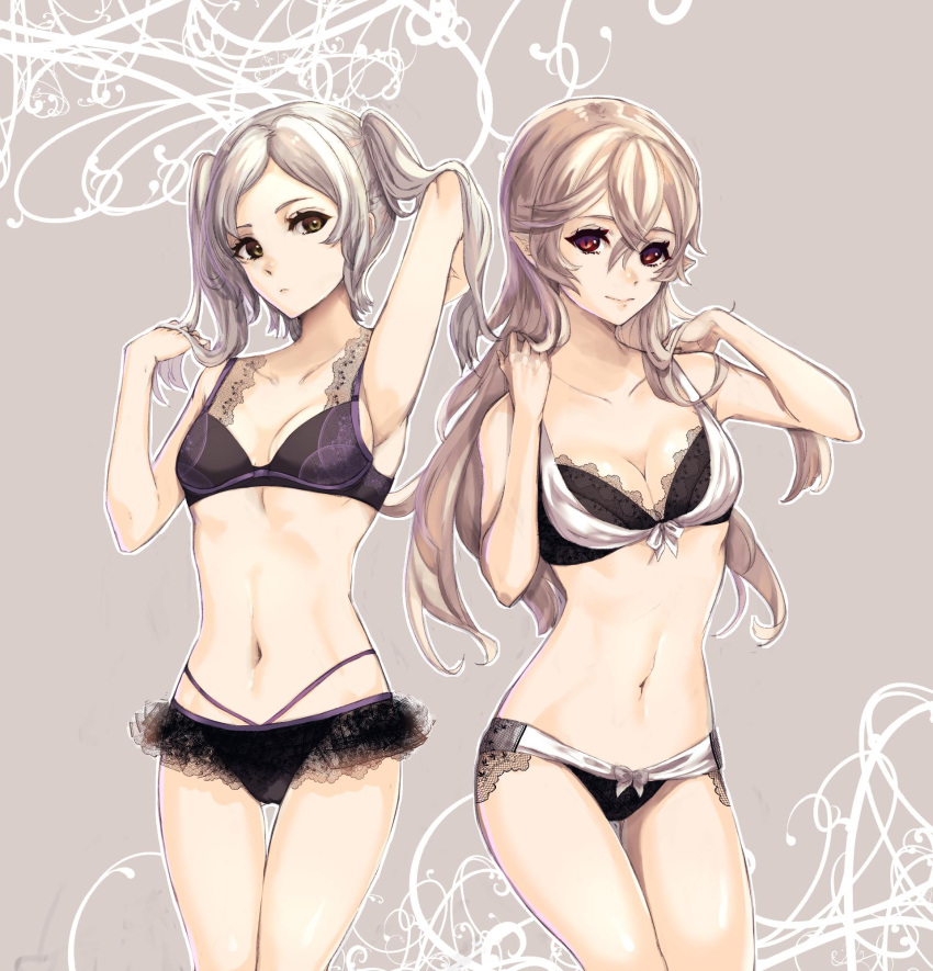 2girls arm_up armpits black_bra black_panties black_underwear bra breasts cleavage closed_mouth commentary_request corrin_(fire_emblem) corrin_(fire_emblem)_(female) danno_gs female female_only fire_emblem fire_emblem_awakening fire_emblem_fates green_background hand_in_hair highleg highres lace-trimmed_panties lace_trim legs_together long_hair looking_at_viewer mamkute manakete medium_breasts multiple_girls navel nintendo one_arm_up panties pointed_ears pointy_ears red_eyes robin_(fire_emblem) robin_(fire_emblem)_(female) slit_pupils small_breasts smile source_larger thigh_gap tied_hair twintails underwear white_hair yellow_eyes