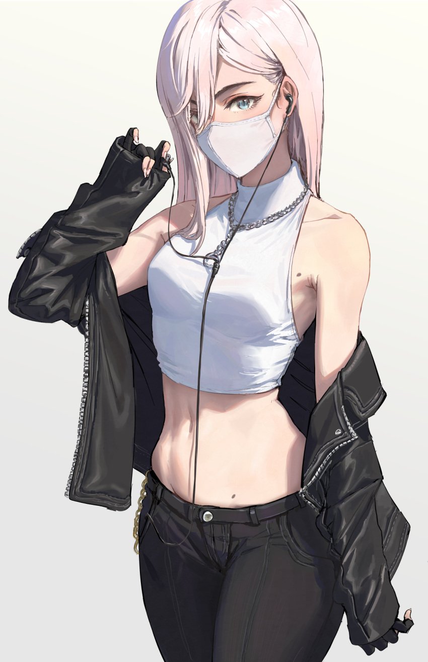 anime_style athenawyrm bare_shoulders black_gloves black_jacket black_jeans black_pants blue_eyes breasts chain chains clothed clothing cowboy_shot crop_top earbud earbuds earphones facemask female fingerless_gloves fully_clothed gloves hair_between_eyes high_resolution image jacket jeans jewelry long_hair long_sleeves looking_at_viewer mask midriff mole mole_on_stomach mouth_mask navel necklace off_shoulder open_clothes open_jacket original pale pants pink_hair short_hair shoulder_length_hair sleeves_past_wrists small_breasts solo solo_female stomach unzipped white_background white_hair white_mask