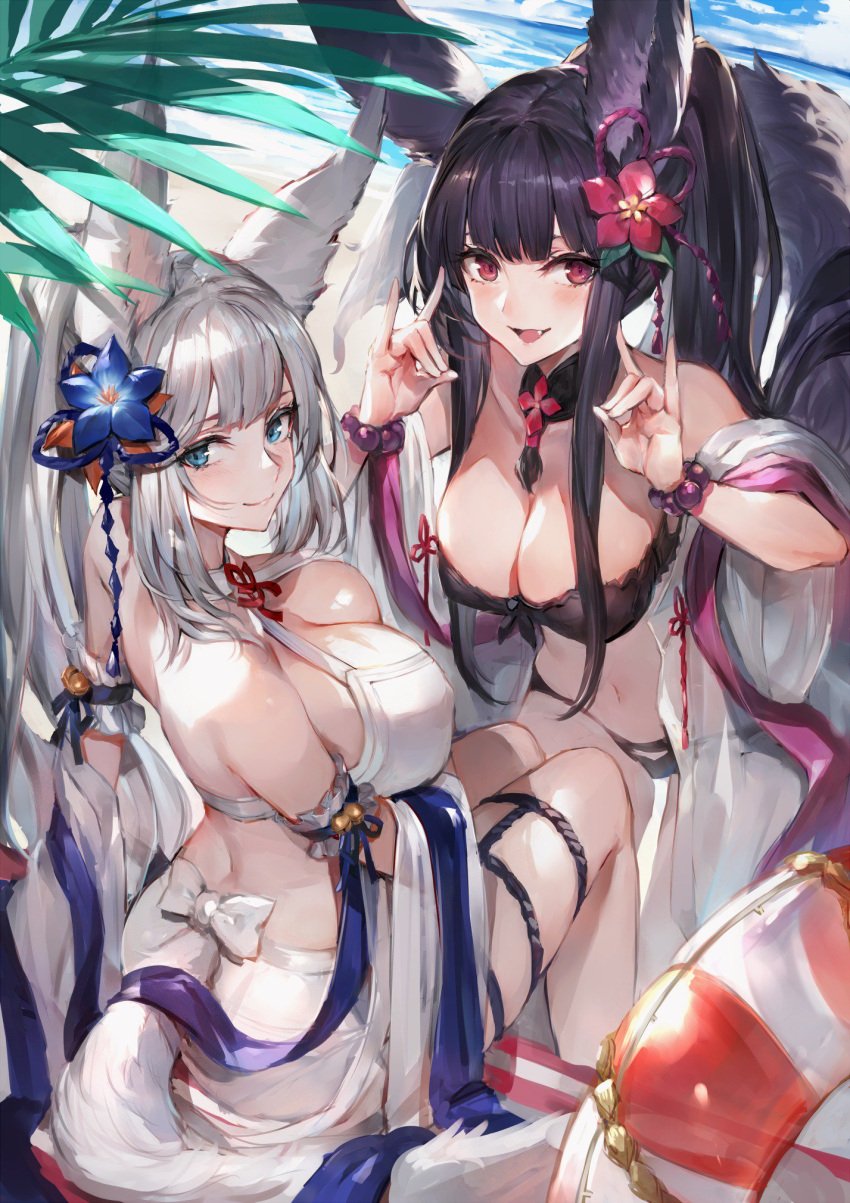 2girls \m/ animal_ears ass bangs bare_shoulders beach bell bikini black_bikini black_hair black_swimsuit blue_eyes blue_sky blush breast_hold breast_press breasts choker cleavage closed_mouth clothing cloud day detached_sleeves double_fox_shadow_puppet erect_nipples erune_race_(granblue_fantasy) female flower fox_tail garter granblue_fantasy hair_bell hair_flower hair_ornament high_resolution jingle_bell kitsunemimi large_breasts light_particles long_hair looking_at_viewer multiple_girls nipples oerba_yun_fang off_shoulder open_clothes open_mouth open_shirt outdoors oyu_(sijimisizimi) red_eyes see-through shirt silver_hair sitting skindentation sky smile socie_(granblue_fantasy) swimsuit tagme tail very_long_hair wet wet_clothes white_bikini white_hair white_swimsuit yuel_(granblue_fantasy)