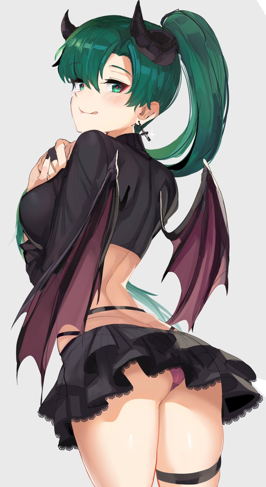 1girls absurdres ass ass_cleavage back bangs blush breasts bridal_gauntlets butt_crack commentary_request cross cross_earrings demon_girl demon_wings earrings eyebrows_visible_through_hair female fire_emblem fire_emblem:_the_blazing_blade green_eyes green_hair halloween halloween_costume high_resolution highres horns in_profile jewelry lace lace-trimmed_skirt lace_trim long_hair long_sleeves looking_at_viewer looking_back lyn_(fire_emblem) lyndis_(fire_emblem) medium_breasts midriff miniskirt nintendo ormille panties pantsu pink_panties ponytail ribbon shiny shiny_hair shiny_skin simple_background skirt smile solo thigh_strap thighs tied_hair tongue tongue_out underwear very_high_resolution wings