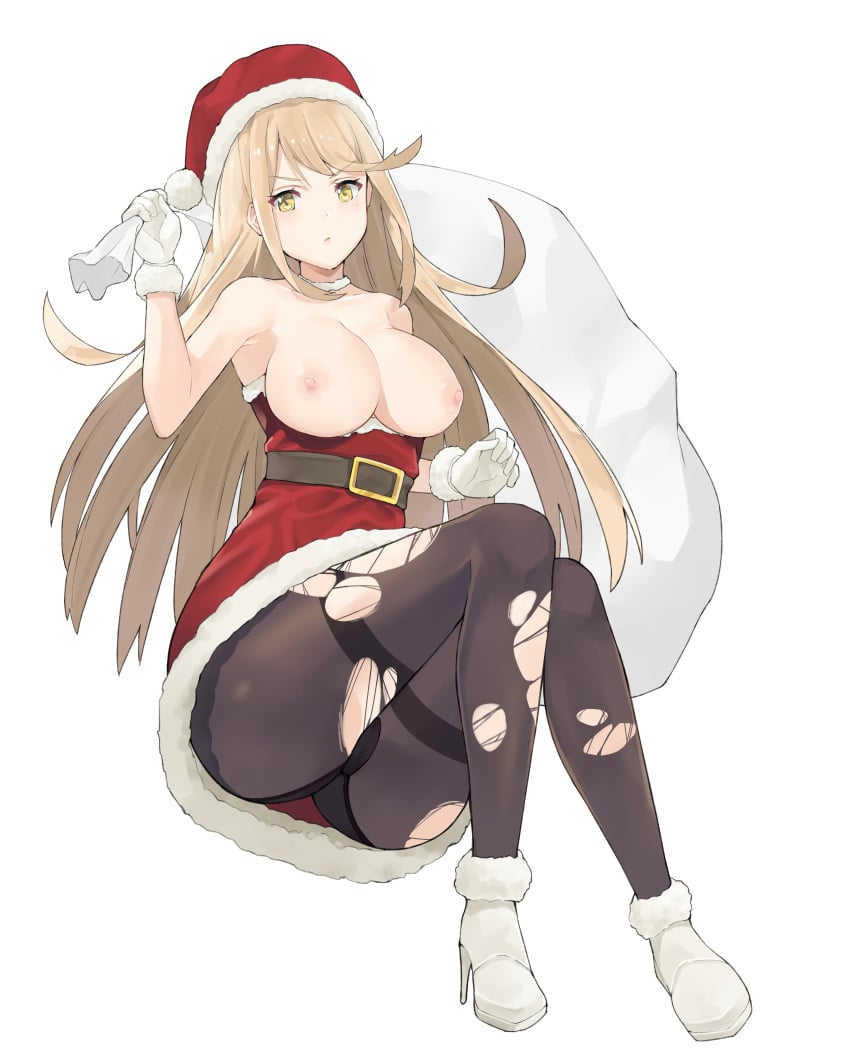 belt blonde_hair boots breasts christmas_outfit female gloves hat high_resolution holding_sack j@ck large_breasts long_hair mythra_(xenoblade) nipples ripped_stockings sack santa_boots santa_costume santa_dress santa_hat solo tagme topless upskirt very_high_resolution white_background white_boots white_gloves xenoblade_(series) xenoblade_chronicles_2 yellow_eyes