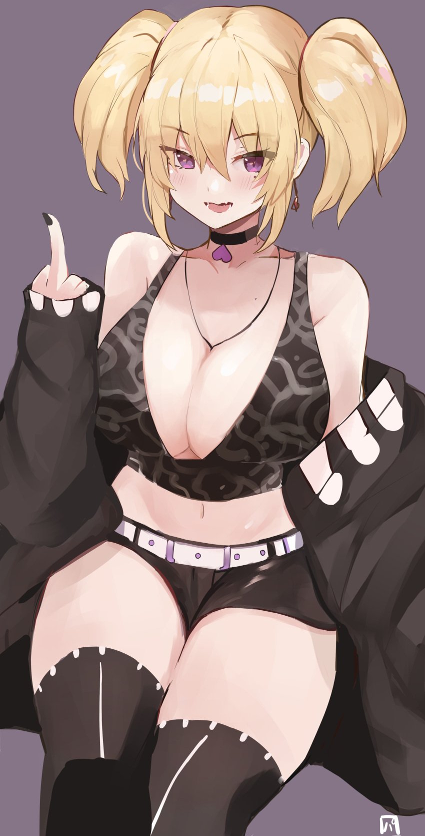 artist_signature bare_shoulders belt black_jacket black_shorts blonde_hair blush breasts choker cleavage coco_kaine collarbone earrings eyebrows_visible_through_hair eyes_visible_through_hair female first_porn_of_franchise gyaru hair_between_eyes hand_up highres holoforce hololive hololive_japan jacket jacket_off_shoulders large_breasts light_blush looking_at_viewer medium_hair middle_finger midriff mole mole_under_eye nail_polish navel necklace open_mouth pineapple_(pine) pineapplelava purple_background purple_eyes short_shorts shorts simple_background solo thighhighs thighs twintails virtual_youtuber