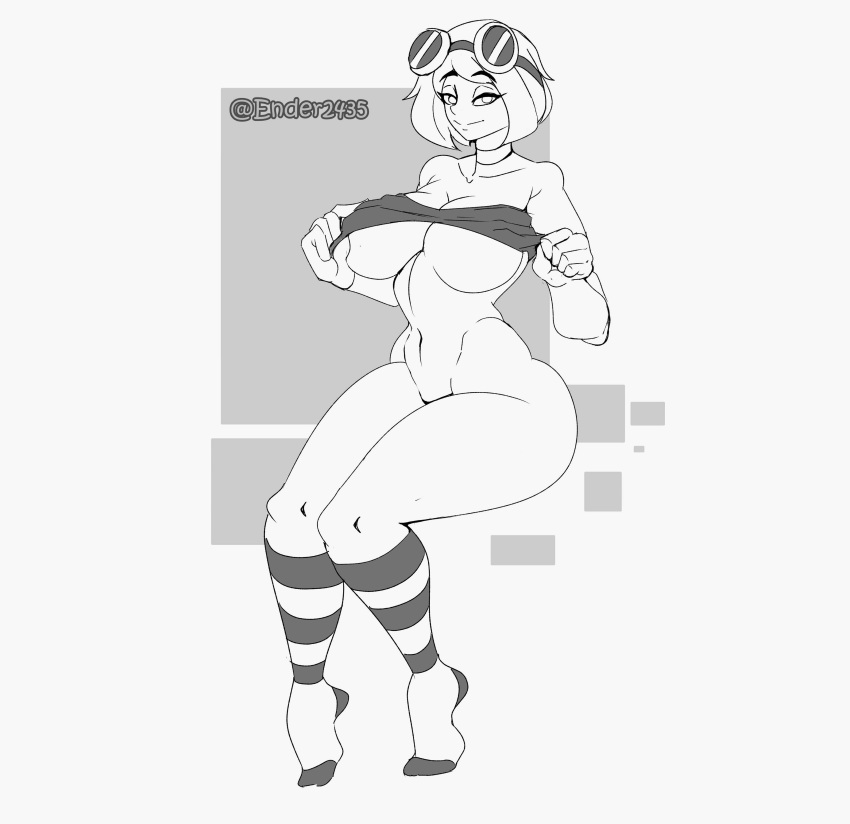 0cyclop 1girls big_breasts boobs breasts goggles grace_fox hourglass_figure looking_at_viewer minecraft monochrome nipples_covered shirt socks solo solo_female striped_socks thick_thighs white_hair