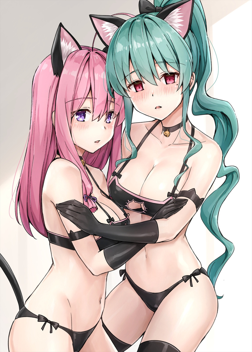 2girls ahoge animal_ears aqua_hair arm_strap bare_shoulders bell black_bra black_choker black_gloves black_legwear black_panties black_underwear bow bra breasts cat_cutout cat_lingerie cat_tail choker clavicle cleavage cleavage_cutout clothing clothing_cutout cowboy_shot extra_ears female gloves hair_ornament hairbow halterneck high_resolution jingle_bell kemonomimi_mode kotatsu_(kotatsu358) large_breasts legwear lingerie long_hair looking_at_viewer medium_breasts meme_attire mole mole_under_eye momochi_ayame multiple_girls navel neet_de_otaku_na_kunoichi_to_naze_ka_dousei_hajimemashita nekomimi open_mouth paid_reward pantsu parted_lips pink_hair ponytail purple_eyes red_eyes shizuri_(neet_de_otaku_na_kunoichi_to_naze_ka_dousei_hajimemashita) side-tie_panties stomach strap_gap string_bra tagme tail thighhighs thighs tied_hair underwear underwear_only very_long_hair wavy_hair