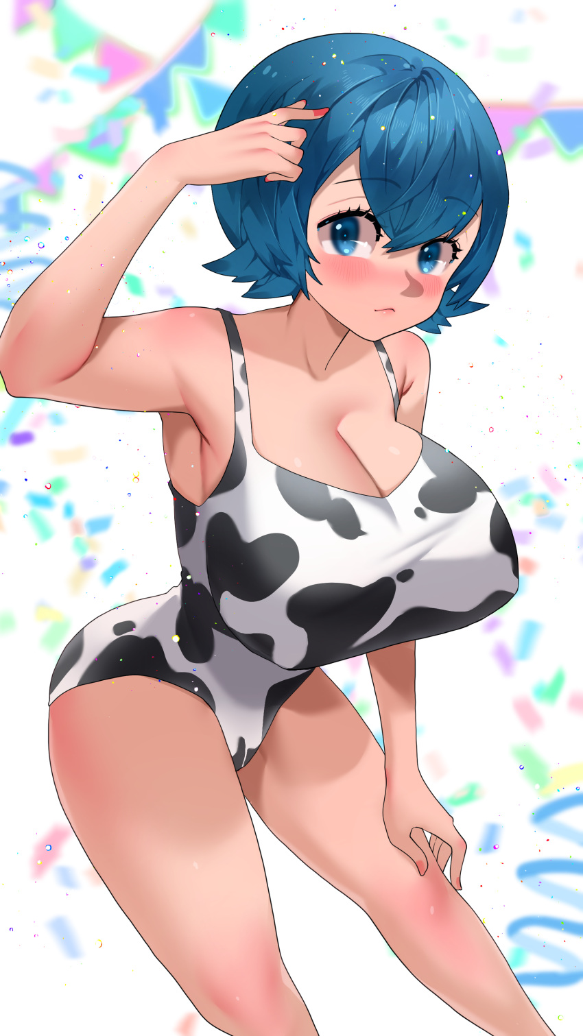 1girls aged_up alternate_breast_size armpits big_breasts blue_eyes blue_hair blush breasts cow_swimsuit eye_contact huge_breasts lana_(pokemon) large_breasts looking_at_viewer nintendo pokemon pokemon_sm short_hair solo standing sumisumii swimsuit thighs