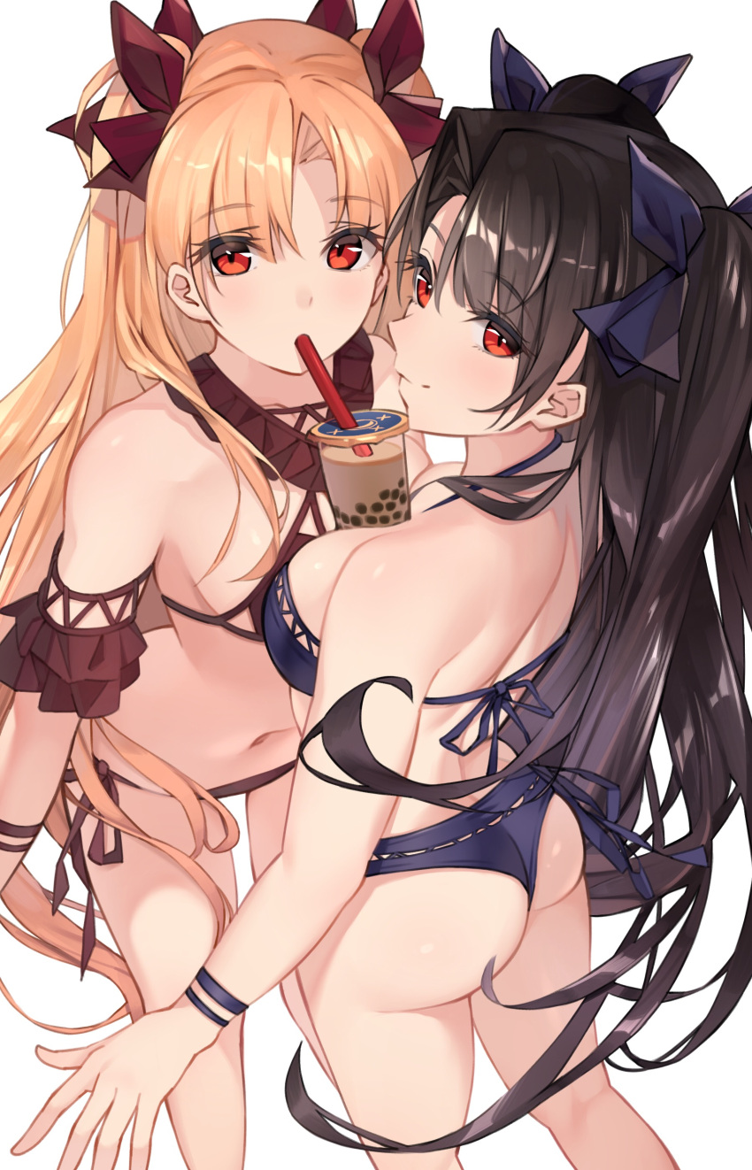 2girls ass bangs bikini black_hair blonde_hair blue_bikini blush bow breasts brown_bikini bubble_tea_challenge duo ereshkigal_(fate) eyebrows eyebrows_visible_through_hair eyelashes eyelashes_visible_through_hair fate/grand_order fate_(series) female female_ass female_only hair_between_eyes hair_ornament hairbow high_resolution ishtar_(fate) long_hair looking_at_viewer looking_back medium_breasts multiple_girls navel parted_bangs pixiv_id_36534524 red_eyes siblings simple_background sisters smile swimsuit thighs to_gemichi two_side_up very_high_resolution white_background