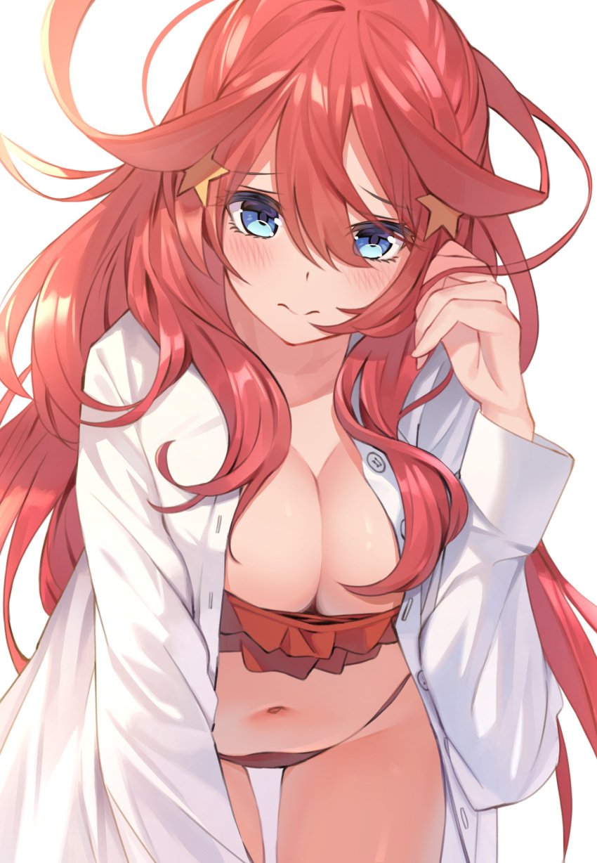 ahoge bangs bikini blue_eyes blush breasts cleavage closed_mouth eyebrows_visible_through_hair female frown go-toubun_no_hanayome hair_between_eyes hair_ornament hairclip hand_up head_tilt high_resolution large_breasts leaning_forward light_background long_hair long_sleeves looking_at_viewer midriff nakano_itsuki navel open_clothes open_shirt pixiv_id_36534524 red_bikini red_hair red_swimsuit shirt sidelocks simple_background solo star star_(symbol) star_clip star_hair_ornament swimsuit tagme to_gemichi very_high_resolution white_background white_shirt