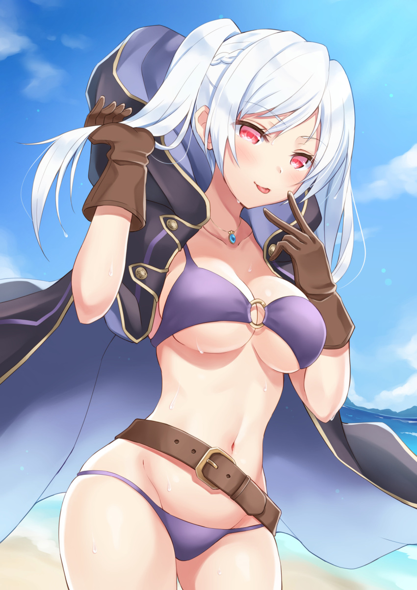 1girls :p absurdres alternate_costume arm_up belt bikini blue_sky blush braid breasts brown_gloves clavicle cleavage cloak cloud collarbone commentary_request contrapposto cowboy_shot day eyebrows_visible_through_hair female fire_emblem fire_emblem_awakening fire_emblem_heroes french_braid gloves grima_(fire_emblem) hand_in_hair high_resolution highres hood hooded_cloak jewelry long_hair looking_at_viewer medium_breasts navel necklace o-ring o-ring_bikini o-ring_top ocean official_alternate_costume one_arm_up outdoors pendant photoshop_(medium) purple_bikini purple_swimsuit red_eyes robin_(female)_(summer)_(fire_emblem) robin_(fire_emblem) robin_(fire_emblem)_(female) shiny shiny_hair shiyo_yoyoyo sky smile solo sweat swimsuit thighs tied_hair tongue tongue_out twintails underboob v very_high_resolution white_hair