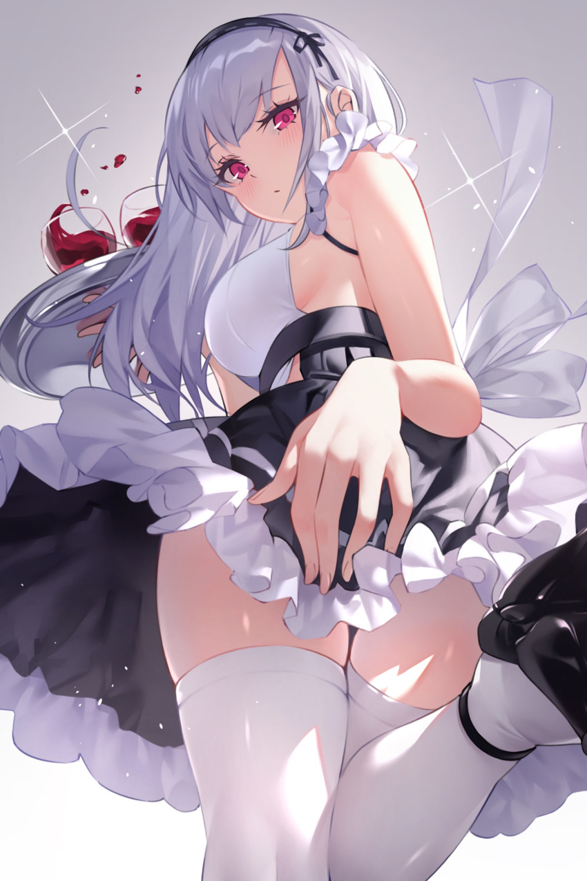 alcohol anthropomorphization apron ass azur_lane backlighting bangs bare_shoulders black_footwear black_hair_ornament black_hairband black_skirt blush breasts closed_mouth clothing cup dido_(azur_lane) dress drink drinking_glass female foot_up gradient gradient_background grey_background hairband high_heels high_resolution large_breasts long_hair looking_at_viewer looking_back pixiv_id_36534524 purple_eyes shirt shoes silver_hair skirt sleeveless sleeveless_shirt solo sparkle tagme thighhighs thighs to_gemichi tray very_high_resolution waist_apron white_apron white_legwear white_shirt wine wine_glass