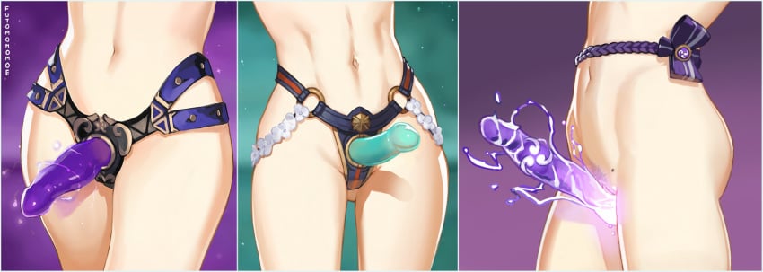 abs artist_name blonde_hair braid braided_ponytail close-up crotch dildo electricity feeldoe female futomomomoe genshin_impact groin head_out_of_frame highres hip_focus jean_gunnhildr legs lisa_(genshin_impact) lower_body mole navel object_insertion out_of_frame ponytail purple_hair pussy raiden_shogun sex_toy standing stomach strap-on strapless_dildo thighs