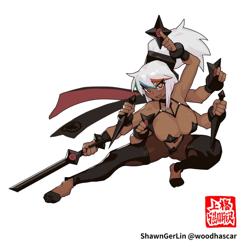 cleavage dark-skinned_female dice_clan leggings multi_arm multi_limb ninja oc pasties red_eyes rika_dimensional_ninja scarf shawnger shuriken unusual_pupils watermark weapon white_hair