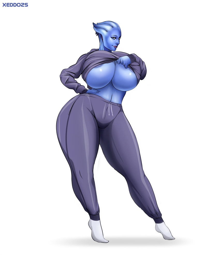 1girls alternate_body_type alternate_breast_size areolae asari big_breasts blue_skin breasts curvy curvy_figure exhibitionism huge_breasts large_breasts liara_t'soni mass_effect solo thick thick_thighs voluptuous wide_hips xeddo