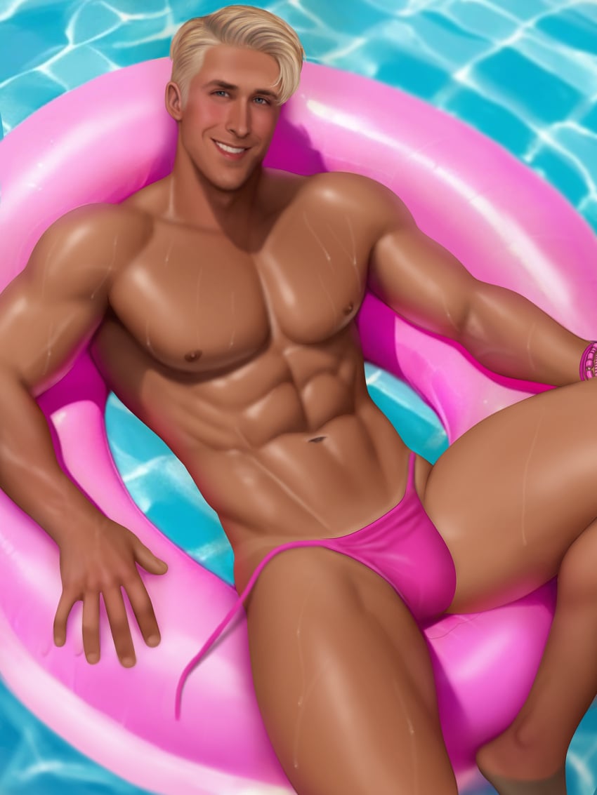 1boy actor barbie_(2023) barbie_(franchise) blonde_hair bulge caucasian caucasian_male celebrity drawnpr0n floating in_character ken_carson male male_only muscles muscular muscular_male pool ryan_gosling smiling_at_viewer solo solo_male speedo tanline thong