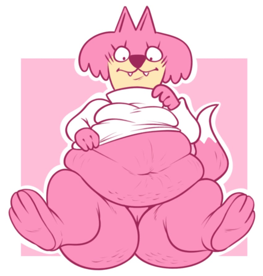 anthro ass belly bottomless breasts cellulite choo-choo_(top_cat) clothed clothing domestic_cat felid feline felis female fur genitals hanna-barbera hi_res jellystone_(hbo_max) mammal navel obese obese_anthro obese_female overweight overweight_anthro overweight_female paws pink_body pink_fur pussy simple_background smokii solo stretch_marks teeth top_cat_(series)