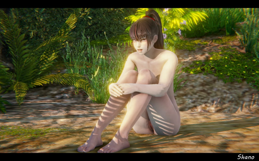 1girls 3d bare_shoulders beach dark_hair female female_only highlights honey_select kunimitsu_ii looking_at_viewer pale-skinned_female pale_skin purple_eyes pussy pussy_slip shanodeshano solo studio_neo surprised tekken tekken_7