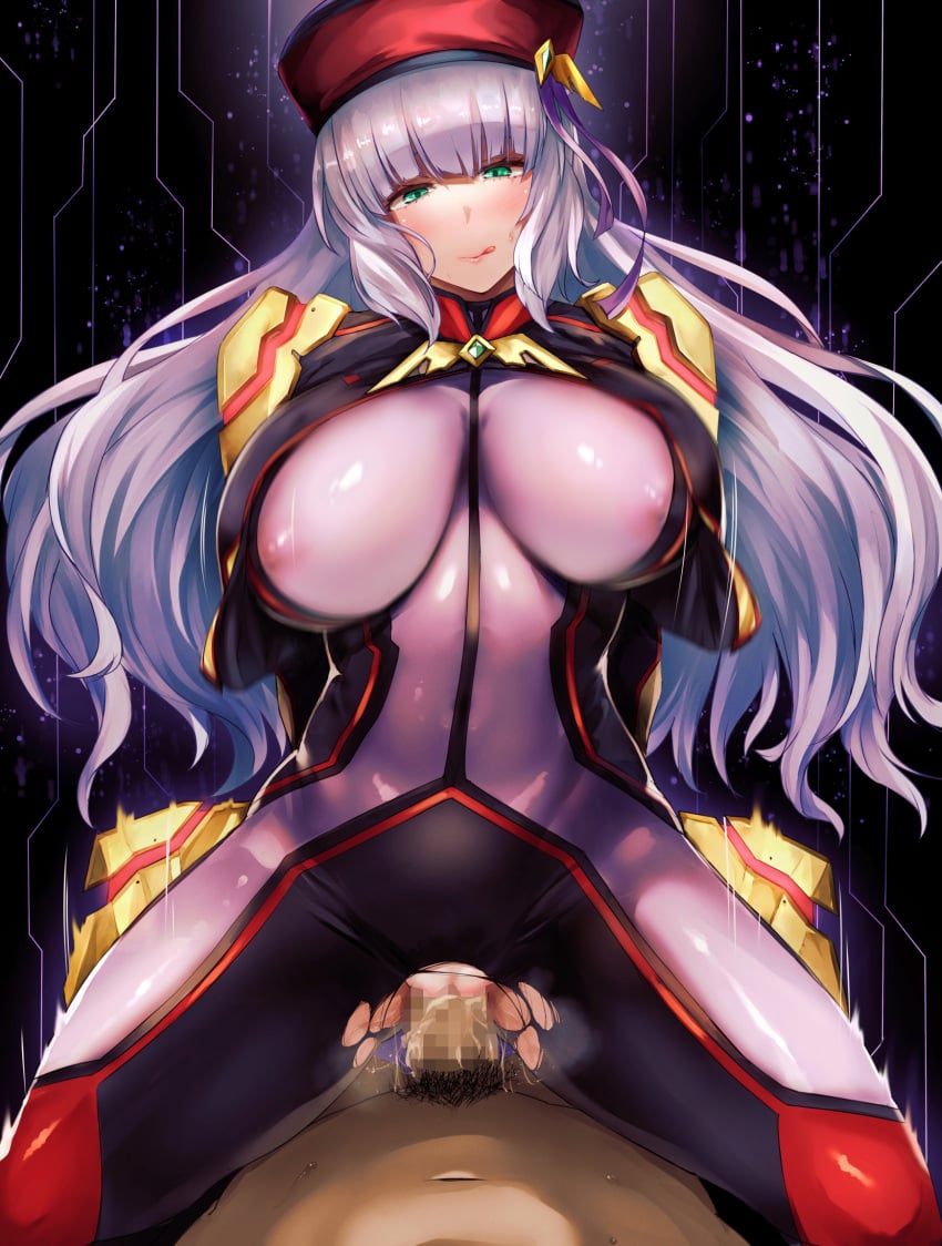 1boy armor blush breasts censored closed_mouth clothed_sex covered_navel covered_nipples cum cum_in_pussy cum_inside female green_eyes grey_hair gundam gundam_exa hat highres long_hair lying male_pubic_hair mosaic_censoring motion_lines navel on_back overflow pauldrons pov pubic_hair puru_(ex-150) pussy pussy_juice pussy_juice_trail red_headwear see-through sex shiny shiny_clothes shiny_hair shoulder_armor speed_lines spread_legs steam steaming_body sthesia_awar_nono sweat tongue tongue_out torn torn_clothes