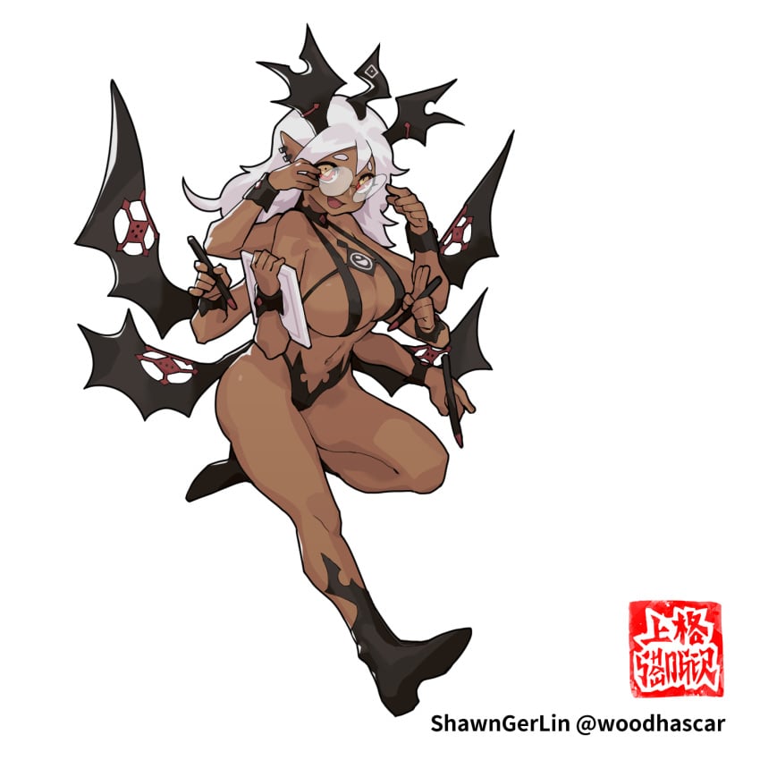 atrene big_breasts cleavage dark-skinned_female dice_clan glasses multi_arm multi_limb notebook oc shawnger unusual_pupils watermark white_hair wings