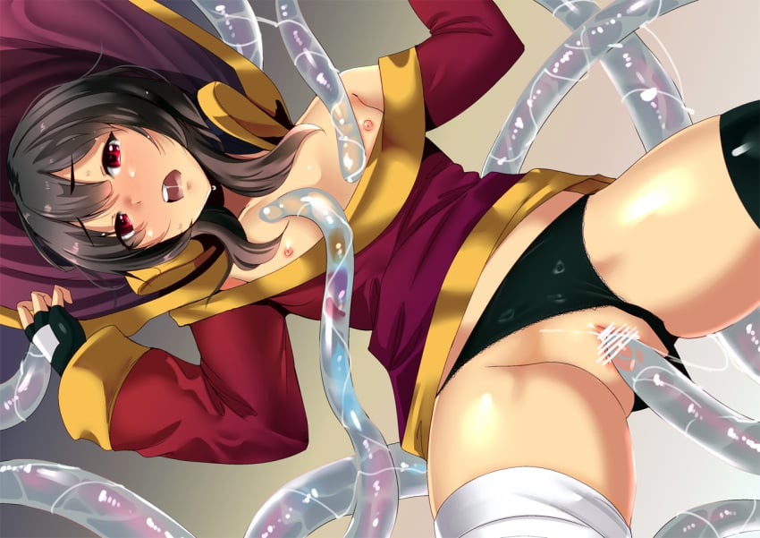 asymmetrical_legwear bandaged_leg bandages bare_shoulders belt black_belt black_gloves black_hair black_panties breasts breasts_out cape chirashi_(so) dress eyebrows_visible_through_hair female fingerless_gloves gloves kono_subarashii_sekai_ni_shukufuku_wo! megumin nipples open_mouth panties red_dress red_eyes restrained short_hair_with_long_locks single_thighhigh solo tentacle tentacle_sex thighhighs underwear vaginal_penetration