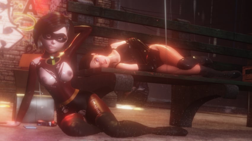 2girls 3d 3d_(artwork) blood bloody_nose breasts disney drunk elastigirl evening female female_only helen_parr honey_select illusion_soft killerru lying nipples party pixar rain raining samsung samsung_sam skimpy smooth_skin superheroine the_incredibles