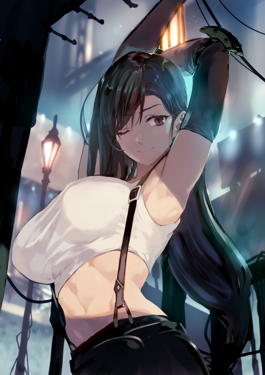 armpits arms_up bare_shoulders black_eyes black_gloves black_hair black_skirt bob_(biyonbiyon) breasts brown_eyes closed_mouth crop_top elbow_gloves female final_fantasy final_fantasy_vii final_fantasy_vii_remake gloves high_resolution lamppost large_breasts long_hair looking_at_viewer midriff one_arm_up one_eye_closed shirt skirt sleeveless sleeveless_shirt smile smooth_skin solo solo_female stretch suspenders tagme tank_top taut_clothes taut_shirt tifa_lockhart upper_body very_high_resolution very_long_hair white_shirt wink