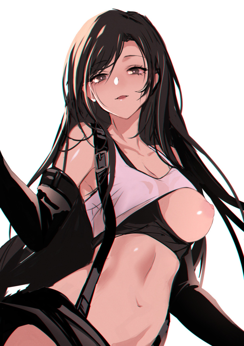 1girls black_hair blush breast_slip breasts chromatic_aberration earrings female final_fantasy final_fantasy_vii final_fantasy_vii_remake high_resolution jewelry long_hair looking_at_viewer medium_breasts midriff nipples one_breast_out_of_clothes open_mouth realmbw shiny shiny_skin simple_background skirt solo solo_female suspender_skirt suspenders tagme tank_top tifa_lockhart very_high_resolution white_background