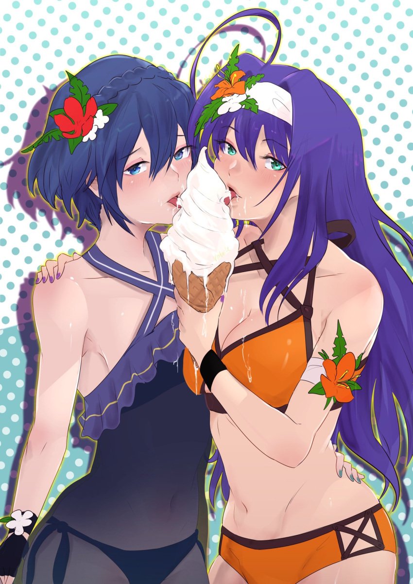 2girls ahoge alternate_costume alternate_hairstyle aqua_eyes armband bangs bikini bikini_bottom blue_bikini blue_eyes blue_hair blue_swimsuit breasts cleavage collarbone cowboy_shot dripping eyebrows_visible_through_hair fingerless_gloves fire_emblem fire_emblem:_path_of_radiance fire_emblem_awakening flat_chest flower food food_play gloves green_nails hair_flower hair_ornament hairband halterneck headband highres holding ice_cream ice_cream_cone large_breasts licking long_hair looking_at_viewer lucina_(fire_emblem) lucina_(summer)_(fire_emblem) marth_(fire_emblem_awakening) messy mia_(fire_emblem) mia_(summer)_(fire_emblem) multiple_girls nail_polish naughty_face navel nintendo official_alternate_costume open_mouth orange_bikini orange_swimsuit panties polka_dot polka_dot_background purple_hair purple_nails see-through shadow shiny shiny_hair short_hair side-tie_panties sideboob suggestive suggestive_fluid swimsuit symbol-shaped_pupils teamwork tongue tongue_out underwear vialnite white_hairband white_headband