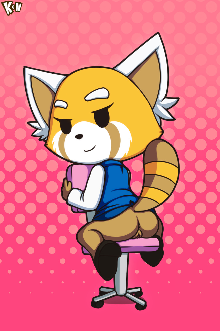 2d aggressive_retsuko ailurid anthro bottomwear chair clothed clothing female furniture hi_res kcn looking_back mammal no_underwear office_lady office_uniform raised_bottomwear raised_clothing raised_skirt raised_tail red_panda retsuko sanrio sitting skirt smooth_skin solo