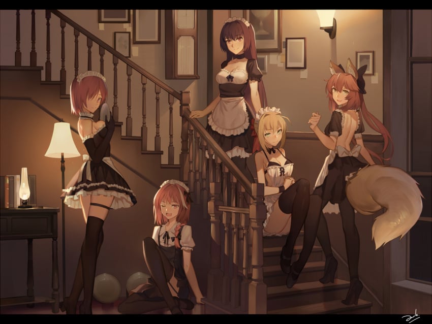 artoria_pendragon astolfo_(fate) bangs bangs_over_eyes blonde_hair breast_press breasts brown_hair cleavage dark_brown_hair enmaided fate/grand_order fate_(series) femboy fox_ears fox_tail green_eyes hair_ribbon lamp lampshade large_breasts long_hair maid maid_apron maid_headdress maid_uniform mash_kyrielight medium_breasts miniskirt pink_eyes pink_hair purple_hair red_eyes saber scathach_(fate) short_hair sitting small_breasts smile smiling_at_viewer staircase stairs standing trap