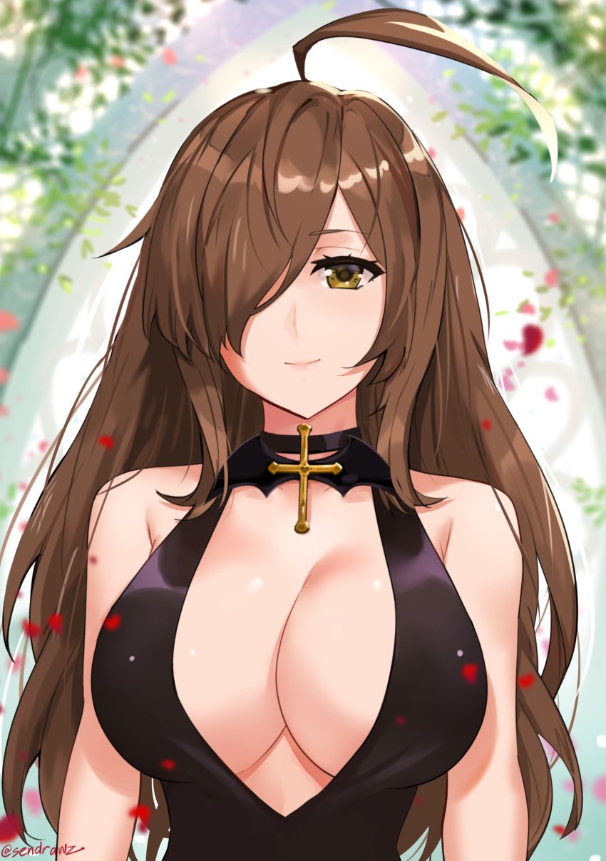 ahoge alternative_costume black_dress breasts brown_hair choker cleavage dress female hair_over_one_eye high_resolution kono_subarashii_sekai_ni_shukufuku_wo! large_breasts latin_cross light_smile lips long_hair looking_at_viewer no_bra sendrawz signature smile solo tagme twitter_username upper_body wiz_(konosuba) yellow_eyes