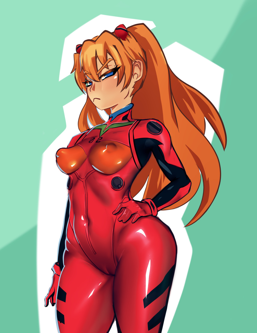 1girls :< asuka_langley_sohryu blue_eyes cameltoe child_bearing_hips closed_mouth clothing collarbone colored covered_collarbone covered_navel covered_nipples eyebrows_visible_through_hair female gloves hair_between_eyes half-closed_eyes hand_on_hip highres long_hair medium_breasts mon_eree neon_genesis_evangelion orange_hair plugsuit pose posing red_gloves shiny shiny_clothes solo turtleneck twintails