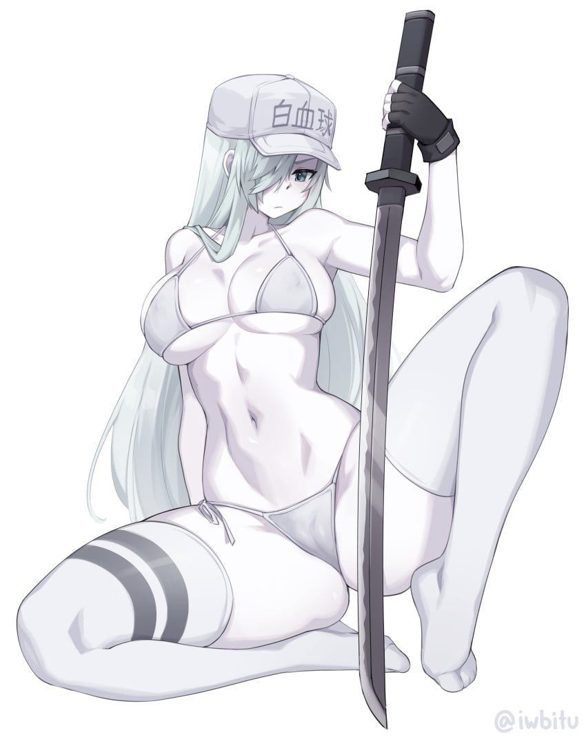 bare_shoulders bikini black_gloves blush breasts curvaceous female fingerless_gloves flat_cap frown frowning gloves green_eyes hair_over_one_eye hat hat_writing hataraku_saibou hataraku_saibou_black highres holding holding_sword holding_weapon iwbitu iwbitu-sa long_hair navel side-tie_bikini simple_background spread_legs stomach string_bikini swimsuit thick_thighs thighhighs u-1196 very_high_resolution very_long_hair white_background white_bikini white_blood_cell_(hataraku_saibou) white_hair white_legwear white_skin