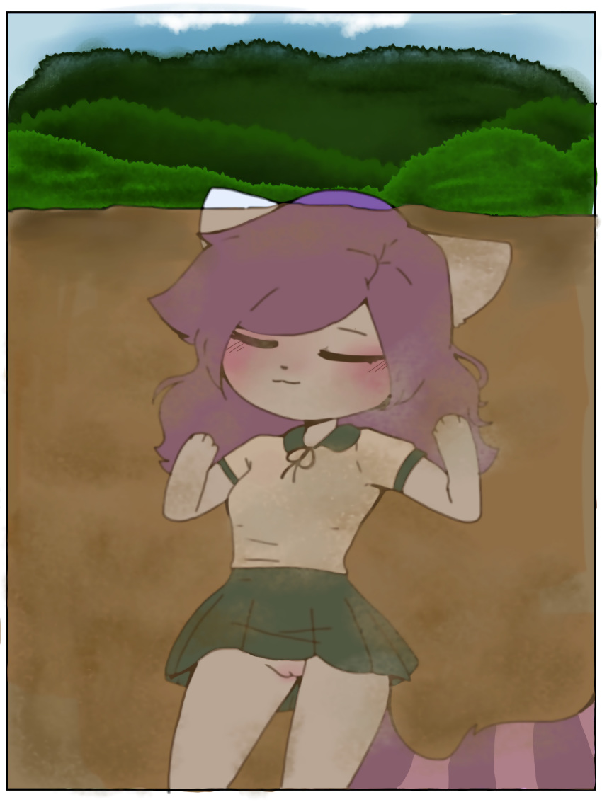 :3 animation_meme_community blush eyebrows_visible_through_hair eyelashes_visible_through_hair fangs fox fox_ears fox_girl fur green_skirt highres light_blue_fur muzy muzy_frile no_panties purple_hair pussy quicksand sinking skirt striped_tail uniform unknown_artist upscaled