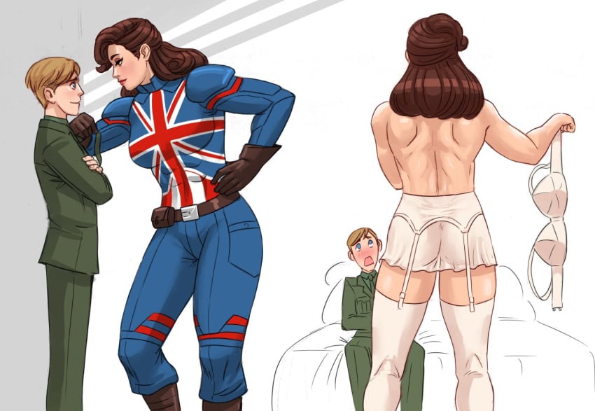 1boy 1girls assertive_female back back_view bed bloomers blush bra bra_removed breasts brown_hair captain_america_(series) captain_carter female femdom flick garter_belt garter_straps height_difference hetero holding_bra imminent_sex larger_female lingerie male male/female marvel military_uniform muscular muscular_female open_mouth peggy_carter side_view sitting sitting_on_bed smaller_male smile steve_rogers underwear wall_slam what_if...? white_bloomers white_bra