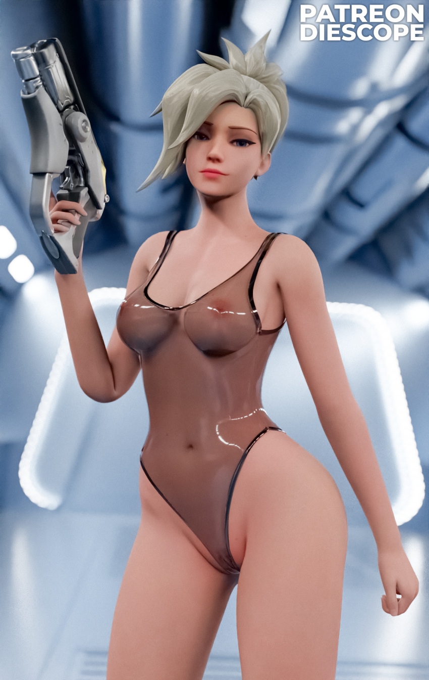 1girls 3d 3d_(artwork) blizzard_entertainment blonde_hair bodysuit breasts diescope female female_focus female_only gun hi_res hips hourglass_figure latex latex_suit looking_at_viewer medium_breasts mercy nipples overwatch pussy see-through see-through_clothing shaved_pussy solo solo_female solo_focus thick_thighs translucent_latex transparent_clothing transparent_latex