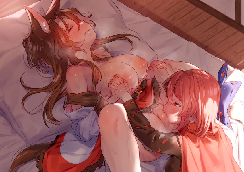 2girls animal_ears blue_bow bow breasts brown_hair cunnilingus hairbow highres kagerou_imaizumi large_breasts long_hair lying masanaga_(tsukasa) multiple_girls on_back oral red_hair sekibanki short_hair tail touhou wolf_ears wolf_girl wolf_tail yuri